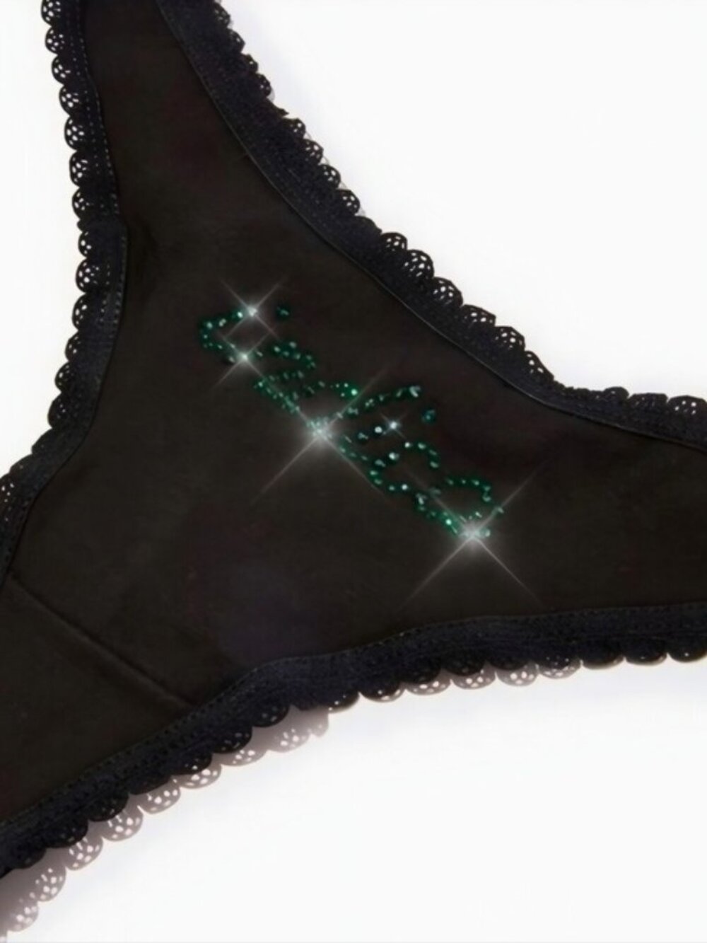 Mary Jane Nite Indica Thong Black Lace Trim Emerald Green Rhinestone NWT XS/S